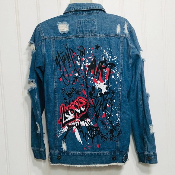 Boho Denim Jacket Graphic Distressed Size M - Picture 1 of 9
